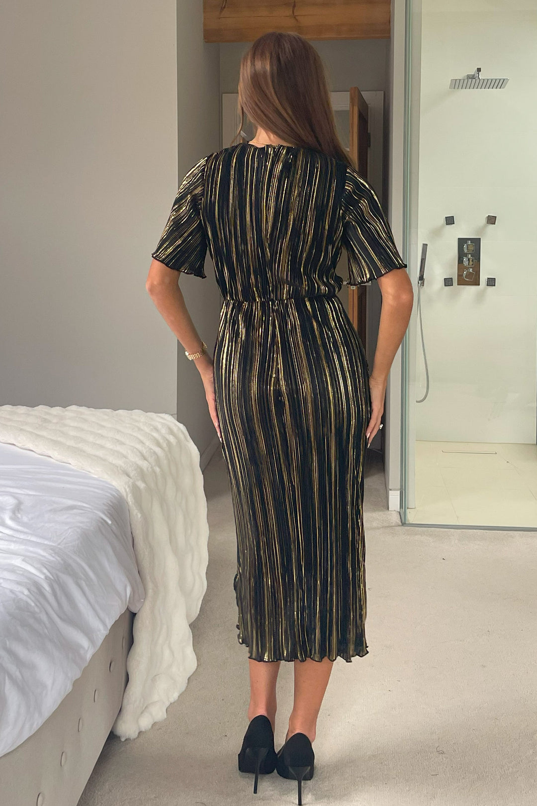 ISLA BLACK & GOLD PLISSE WRAP DRESS