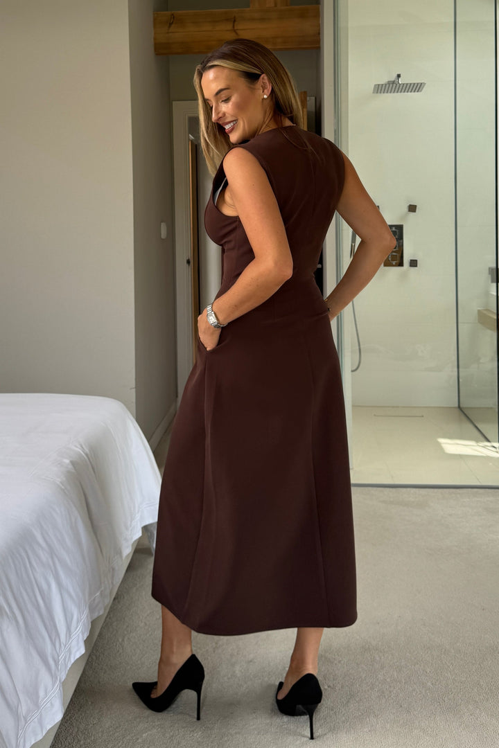 HAZEL TAILORED BROWN MIDI DRESS