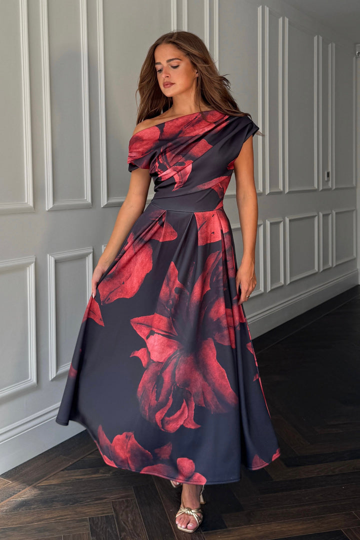 BETTY ASYMMETRIC FLORAL MIDI DRESS