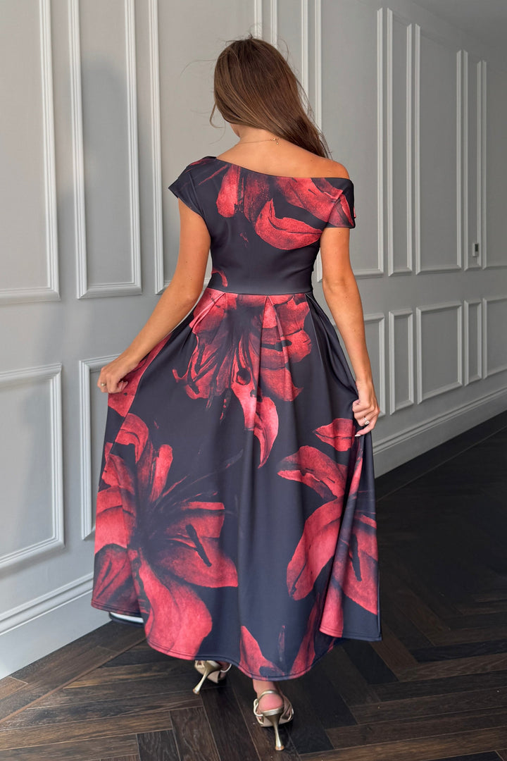 BETTY ASYMMETRIC FLORAL MIDI DRESS