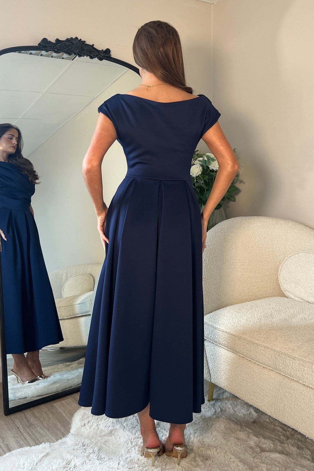 BETTY ASYMMETRIC MIDI DRESS NAVY