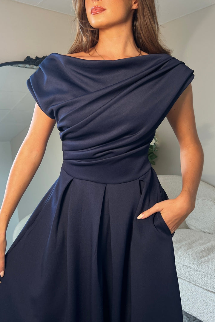 BETTY ASYMMETRIC MIDI DRESS NAVY