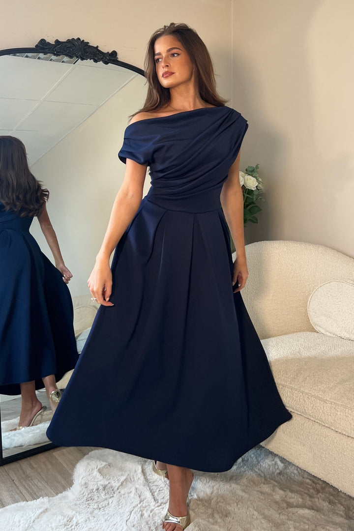 BETTY ASYMMETRIC MIDI DRESS NAVY