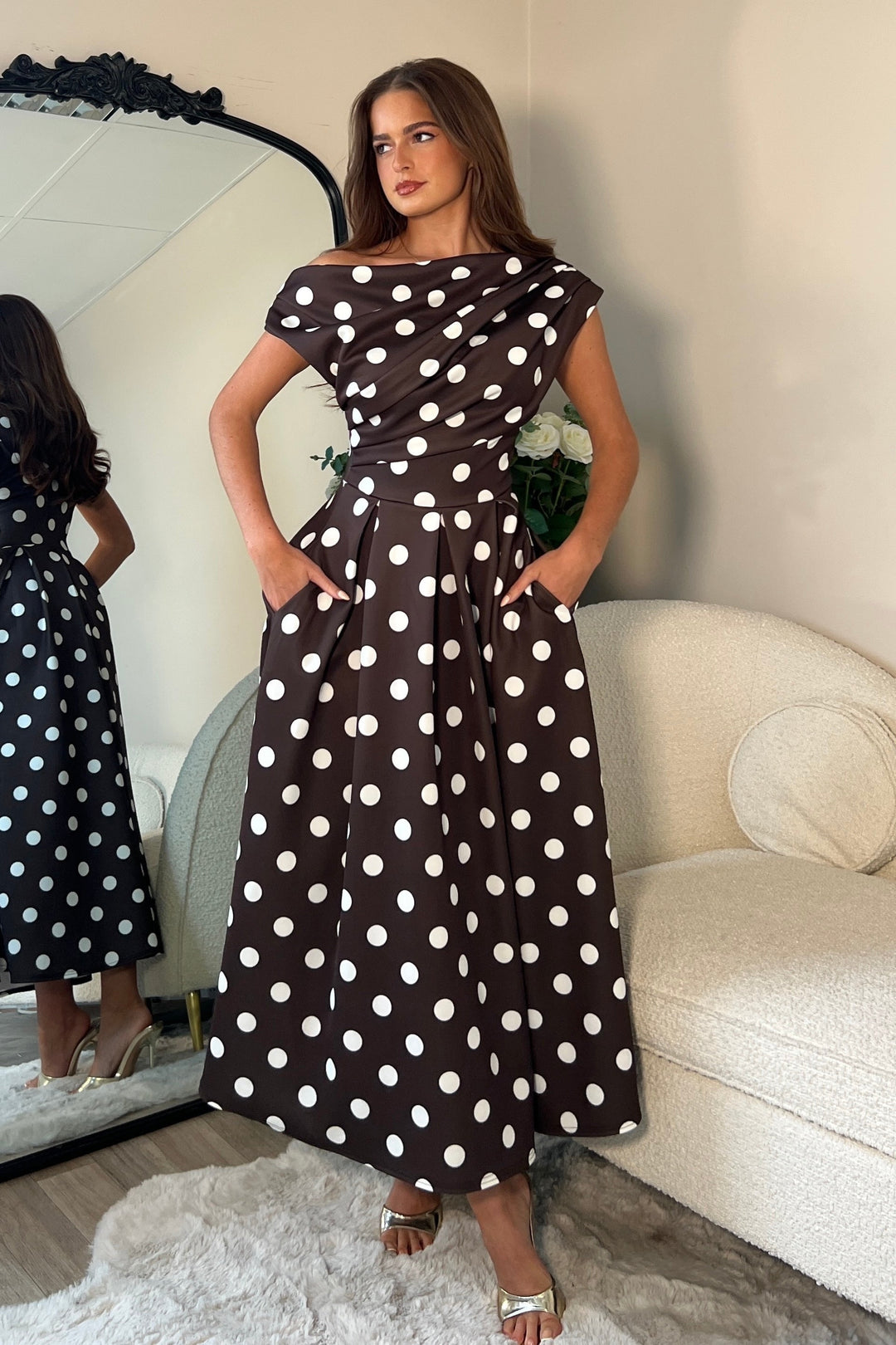 BETTY ASYMMETRIC MIDI DRESS BROWN