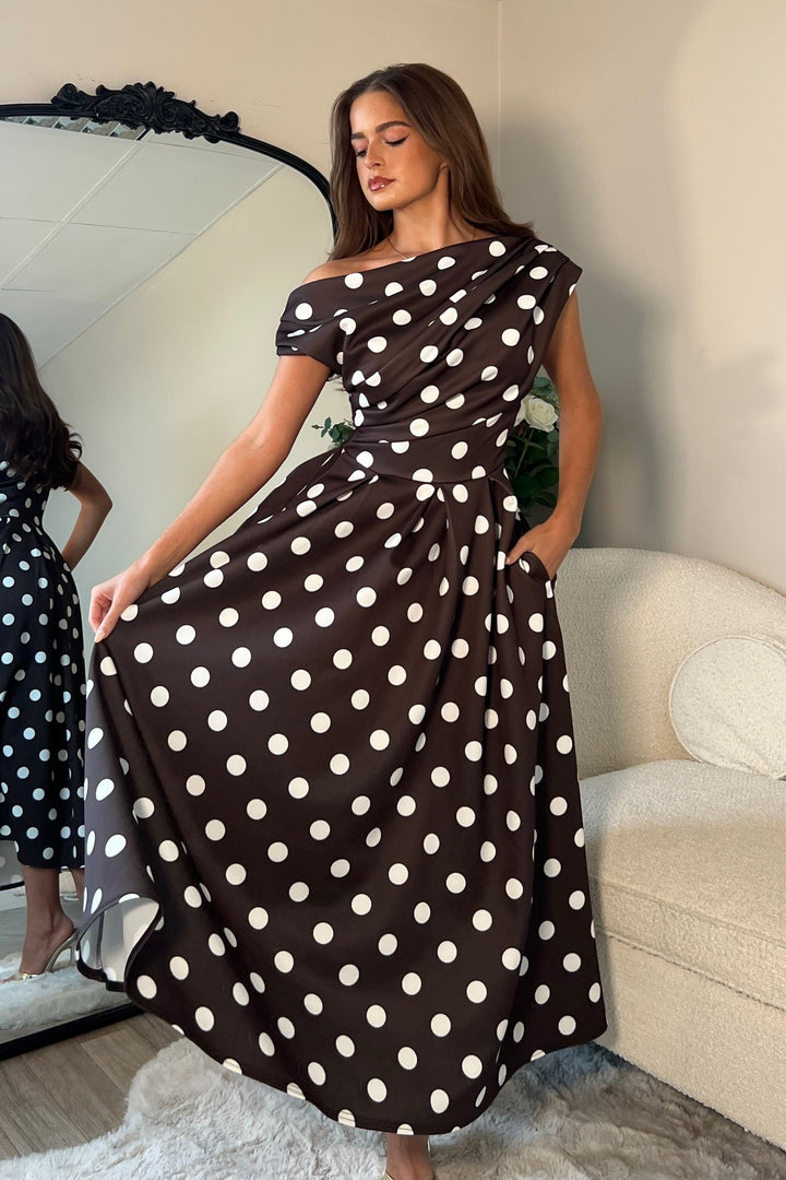 BETTY ASYMMETRIC MIDI DRESS BROWN