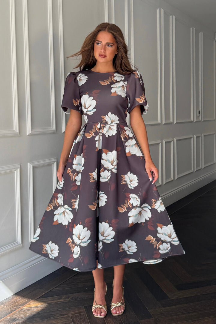 ELOWIN MIDI DRESS BROWN FLORAL