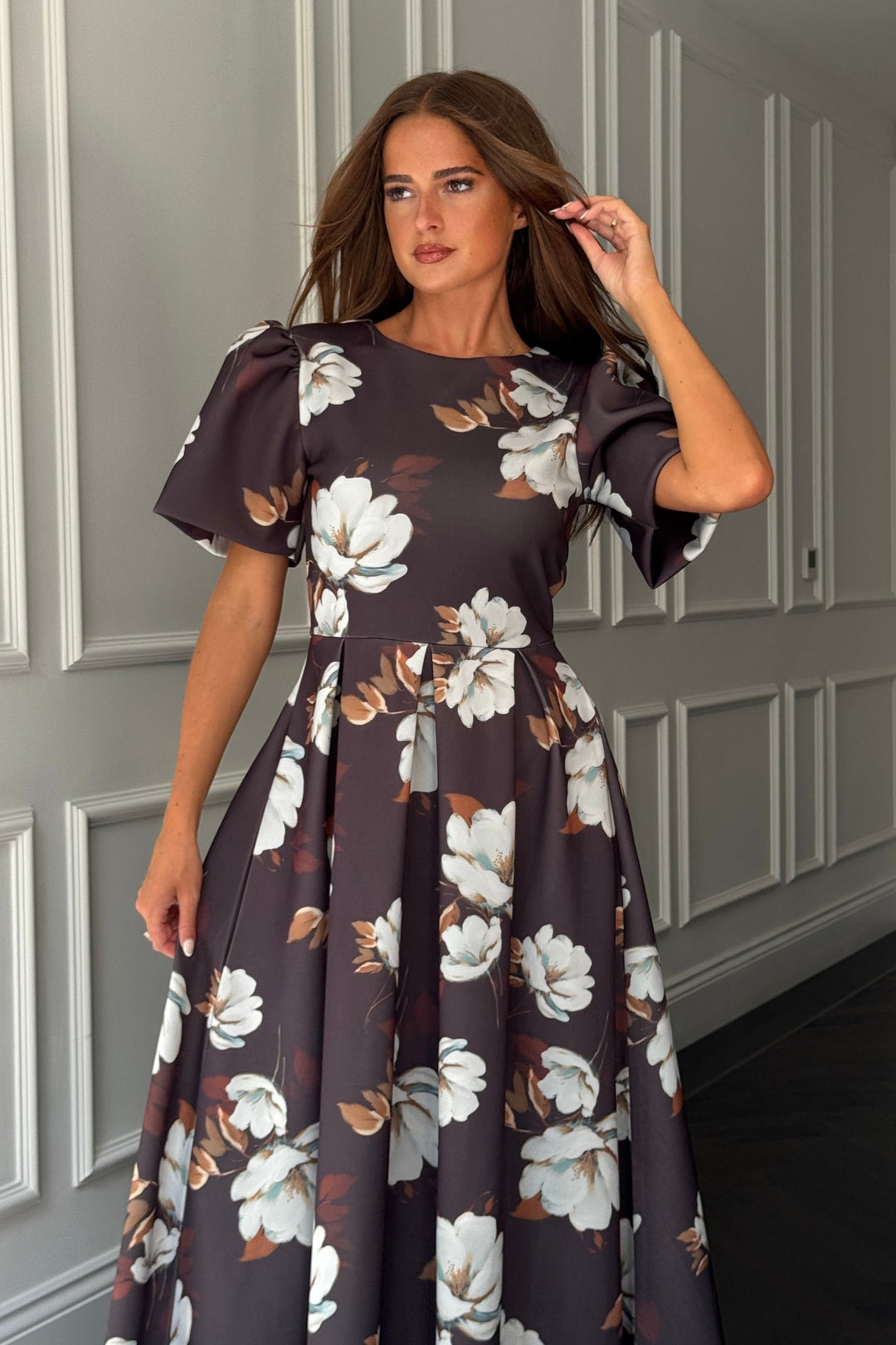 ELOWIN MIDI DRESS BROWN FLORAL