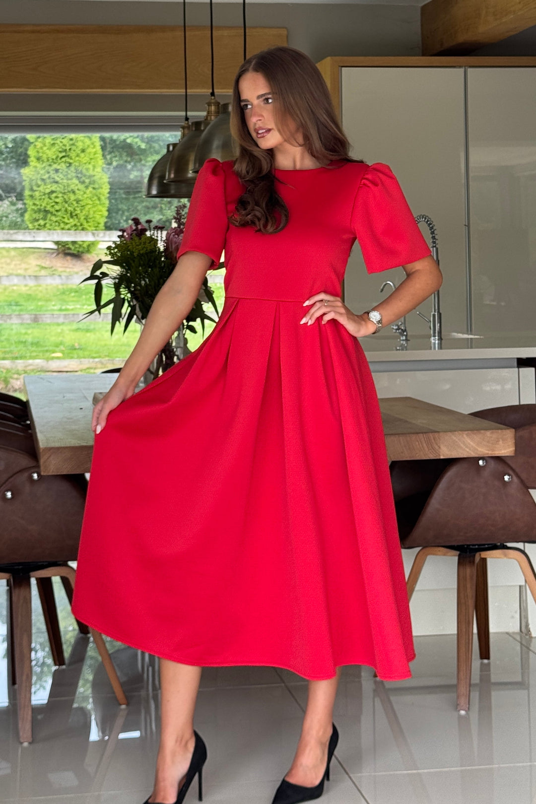 red midi dress formal MissJophiel Women One Shoulder Chiffon Print Floral Tea Length Gown Red / Tea Length / US16 Puff sleeve and puffy UK 6 0-6 months:12 years Zapaka Women Orange Ruffled
