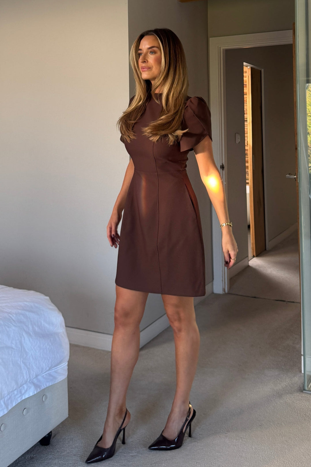 AMI TULIP SLEEVE MINI DRESS BROWN