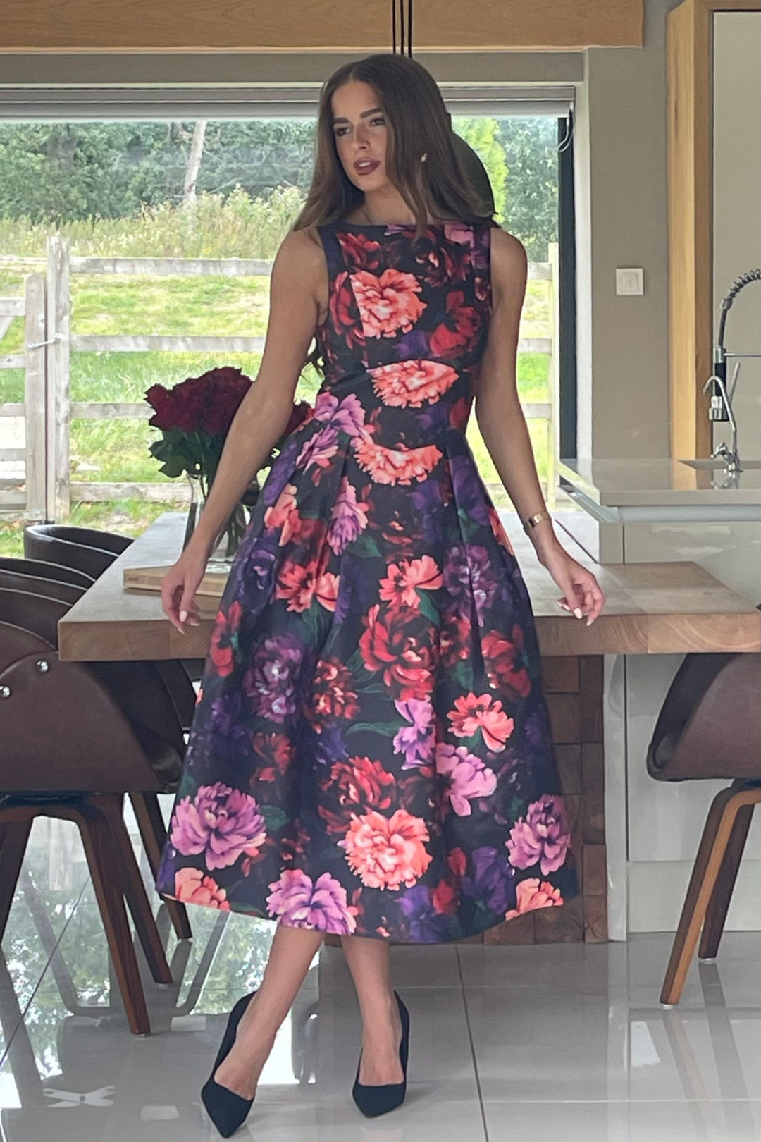 NESTA FLORAL BOAT NECK DRESS