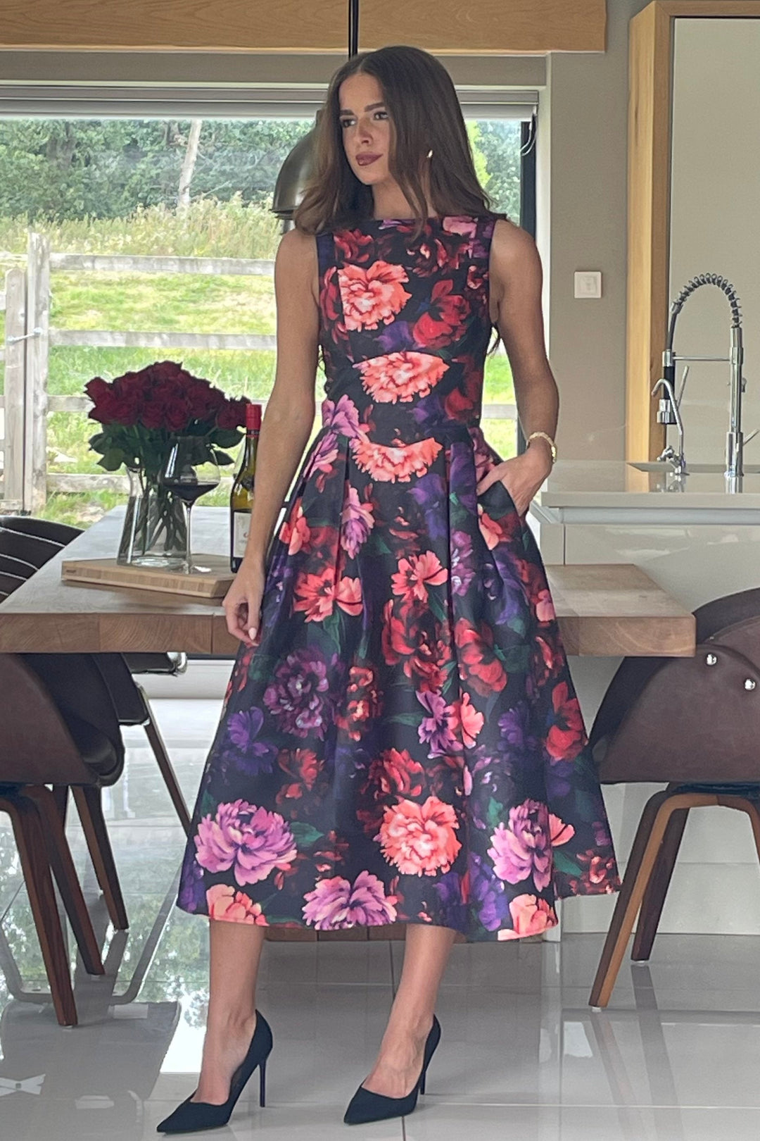 NESTA FLORAL BOAT NECK DRESS