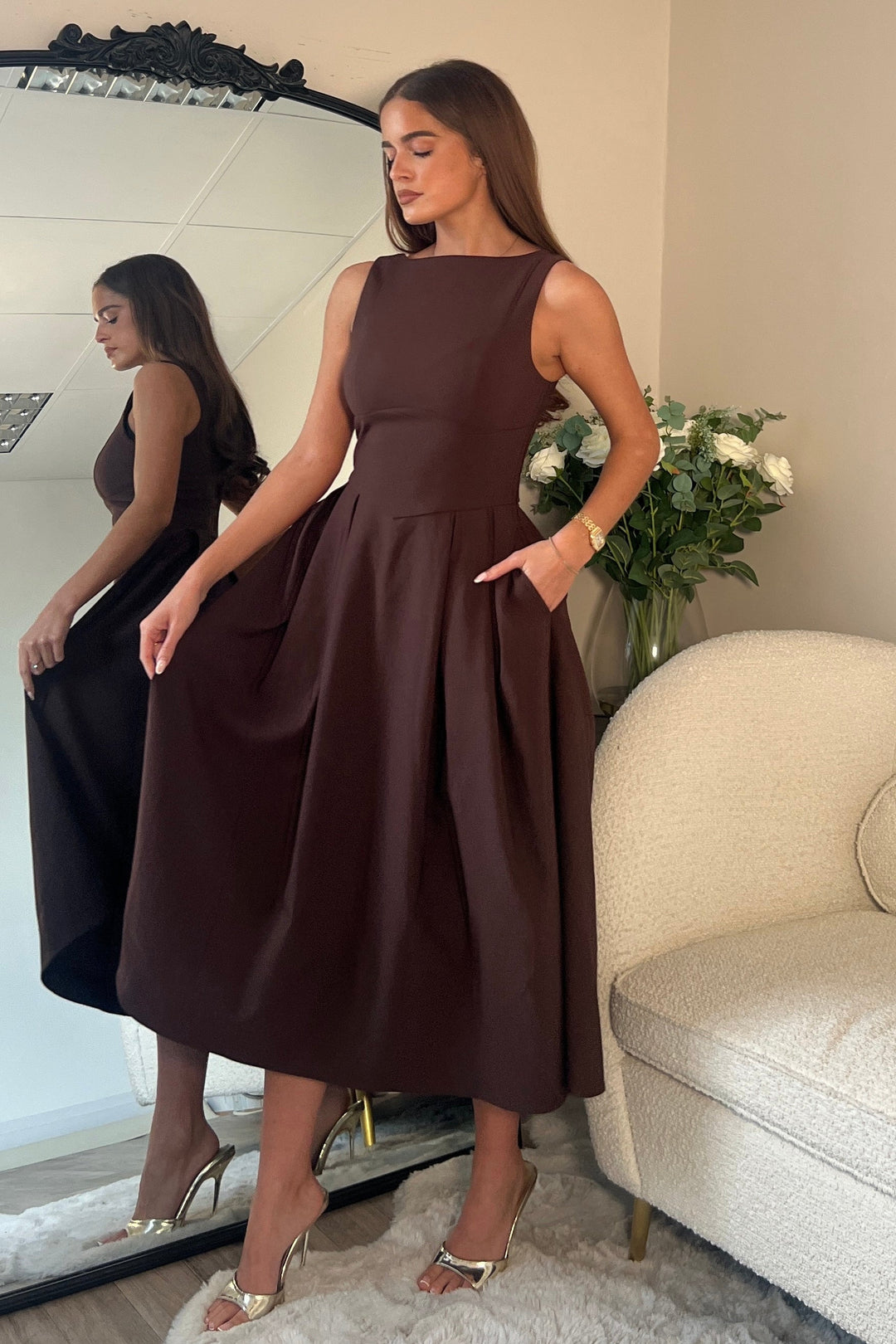 Nesta Brown Midi Dress