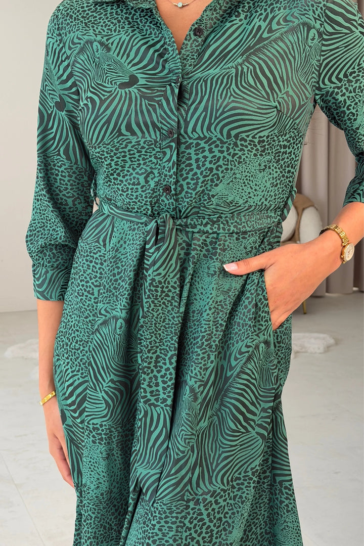 Angela LS Green Shirt Dress
