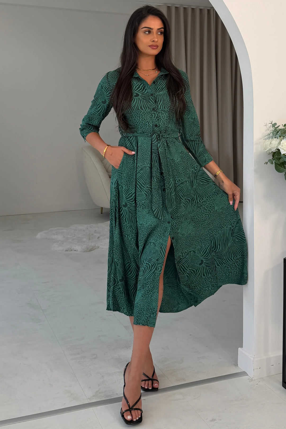 Angela LS Green Shirt Dress