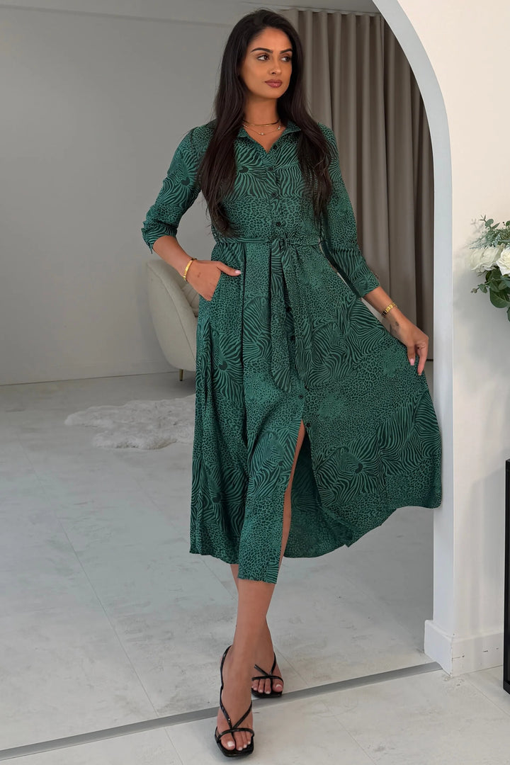 Angela LS Green Shirt Dress