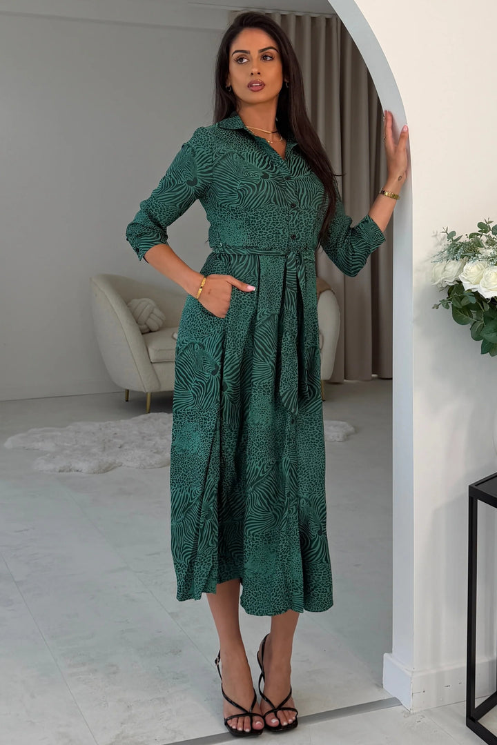 Angela LS Green Shirt Dress