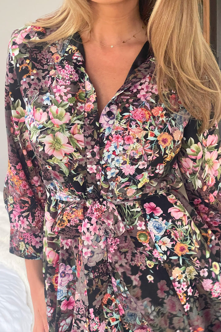 ANGELA BLACK FLORAL SHIRT DRESS