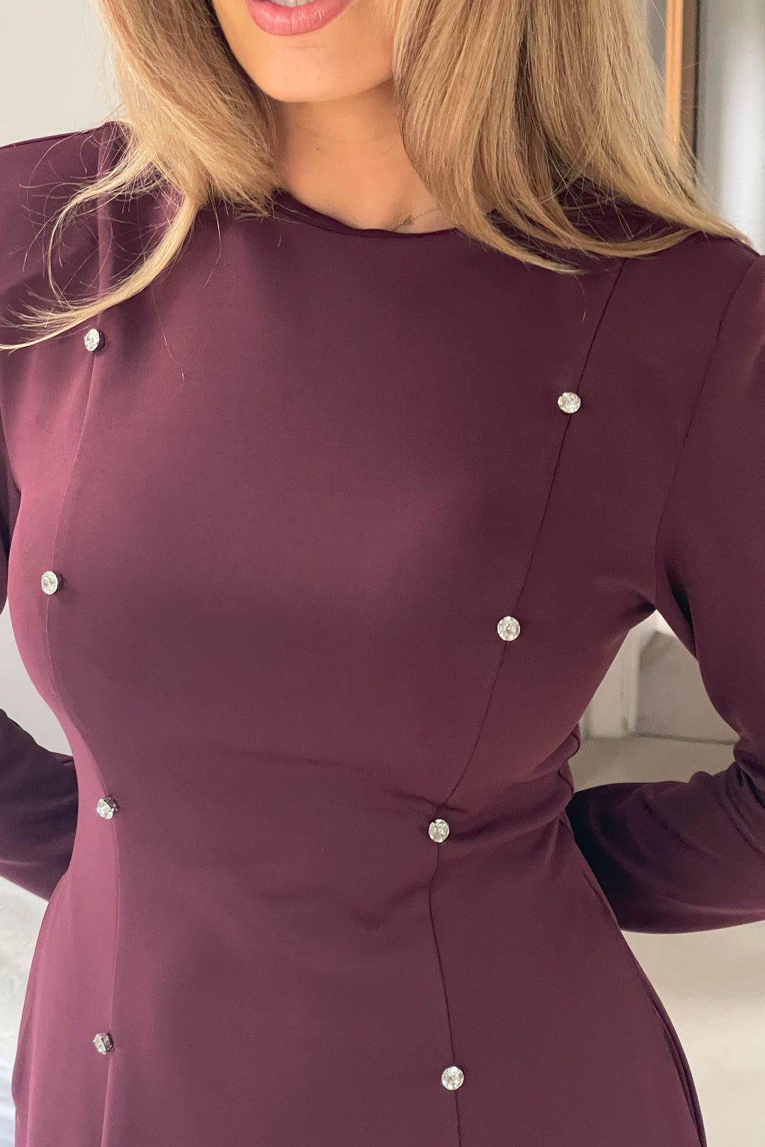 Studded Long Sleeve Mini Dress Plum
