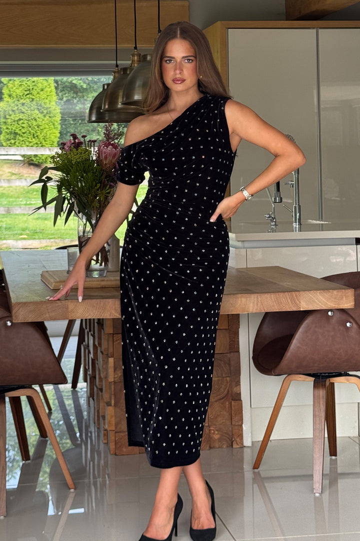 DONNA ASYMMETRIC BEADED MIDI DRESS