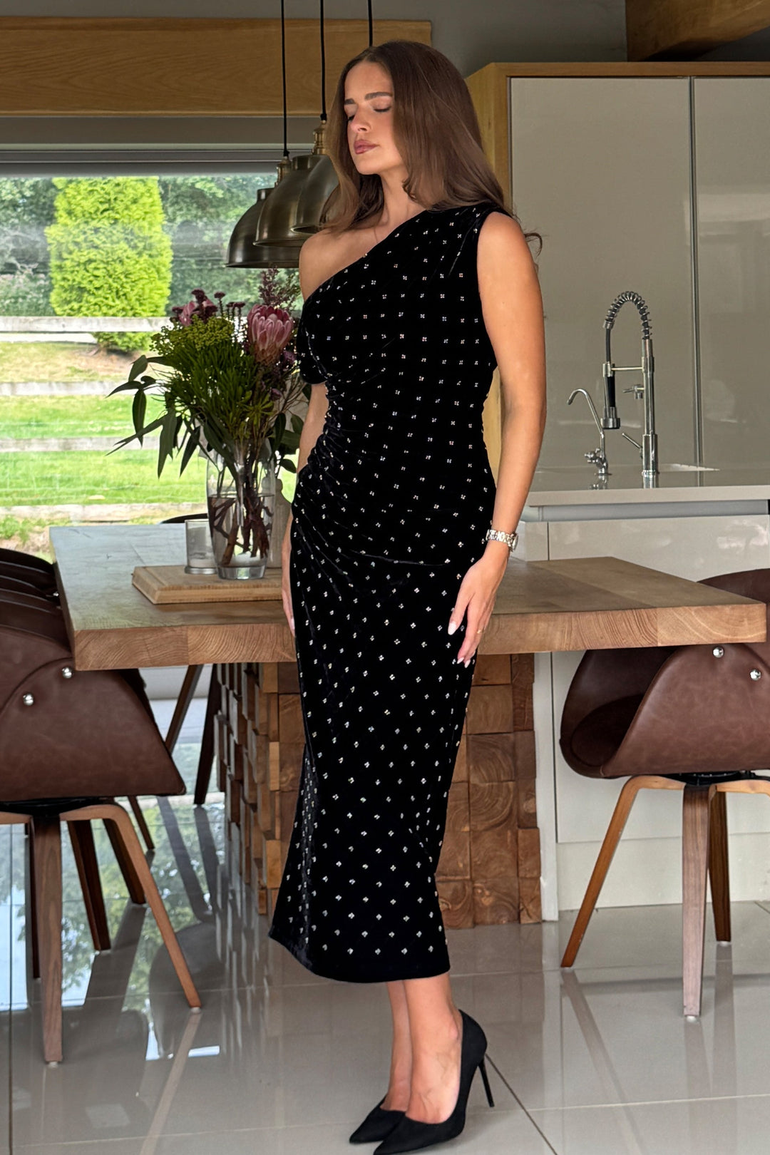 DONNA ASYMMETRIC BEADED MIDI DRESS