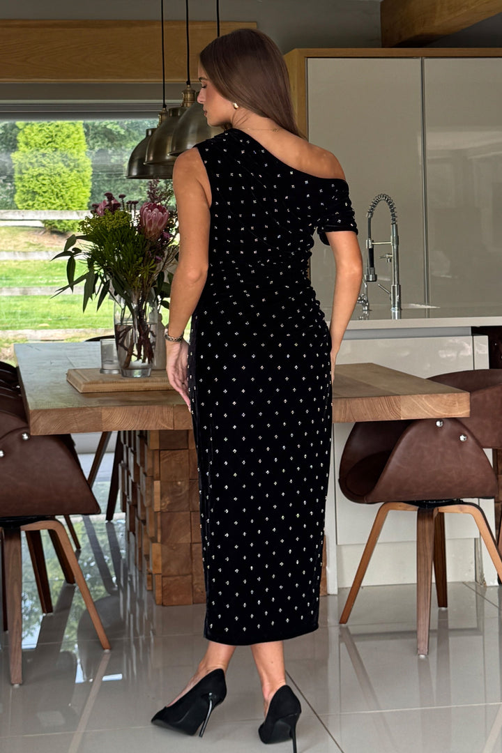 DONNA ASYMMETRIC BEADED MIDI DRESS