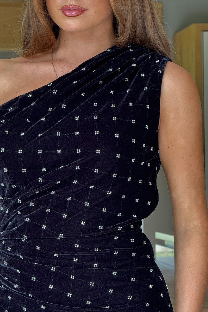 DONNA ASYMMETRIC BEADED MIDI DRESS