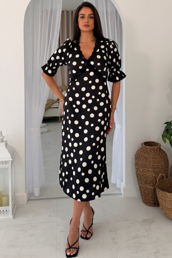Sharon Puff Sleve Midi Polka Dress