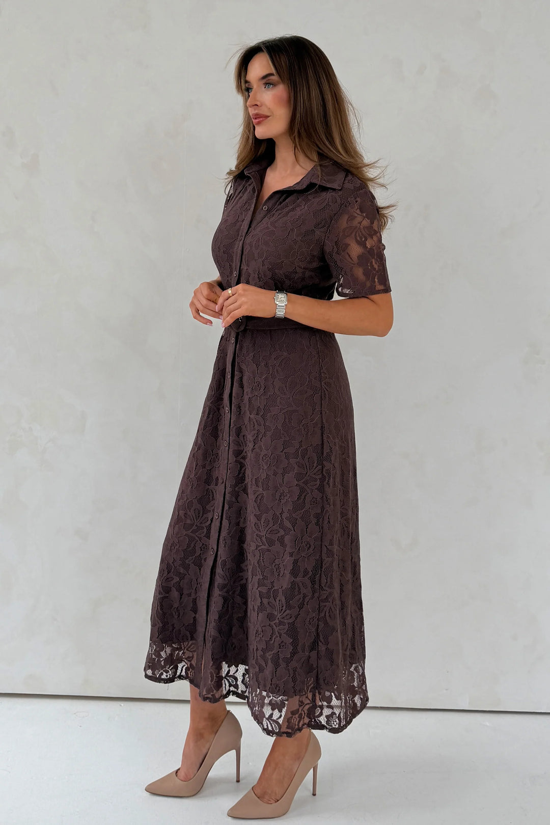 Tansy Lace Shirt Dress Brown