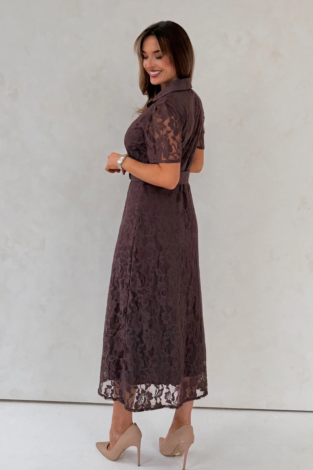 Tansy Lace Shirt Dress Brown