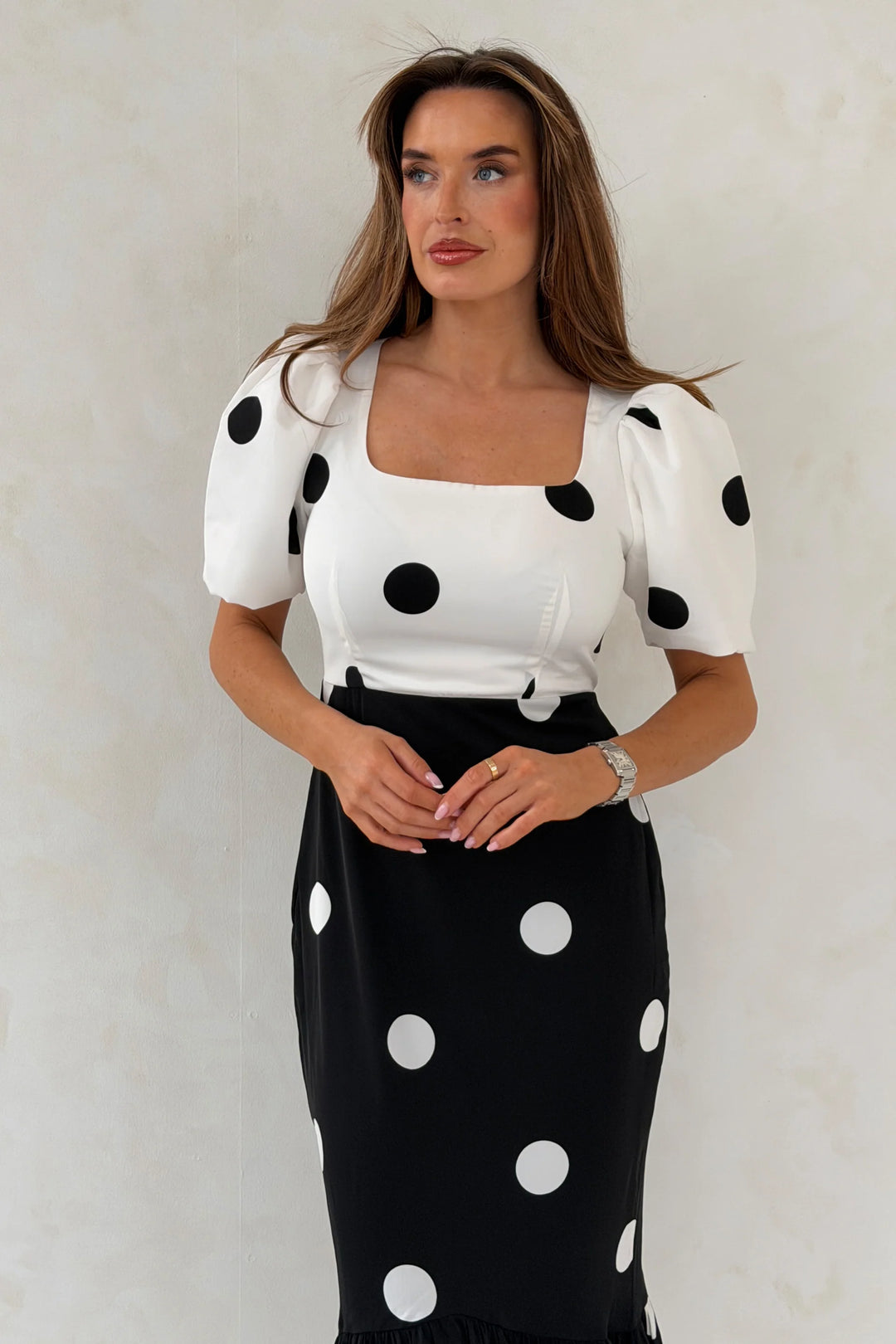 Jennifer Contrast Spot Midi Dress