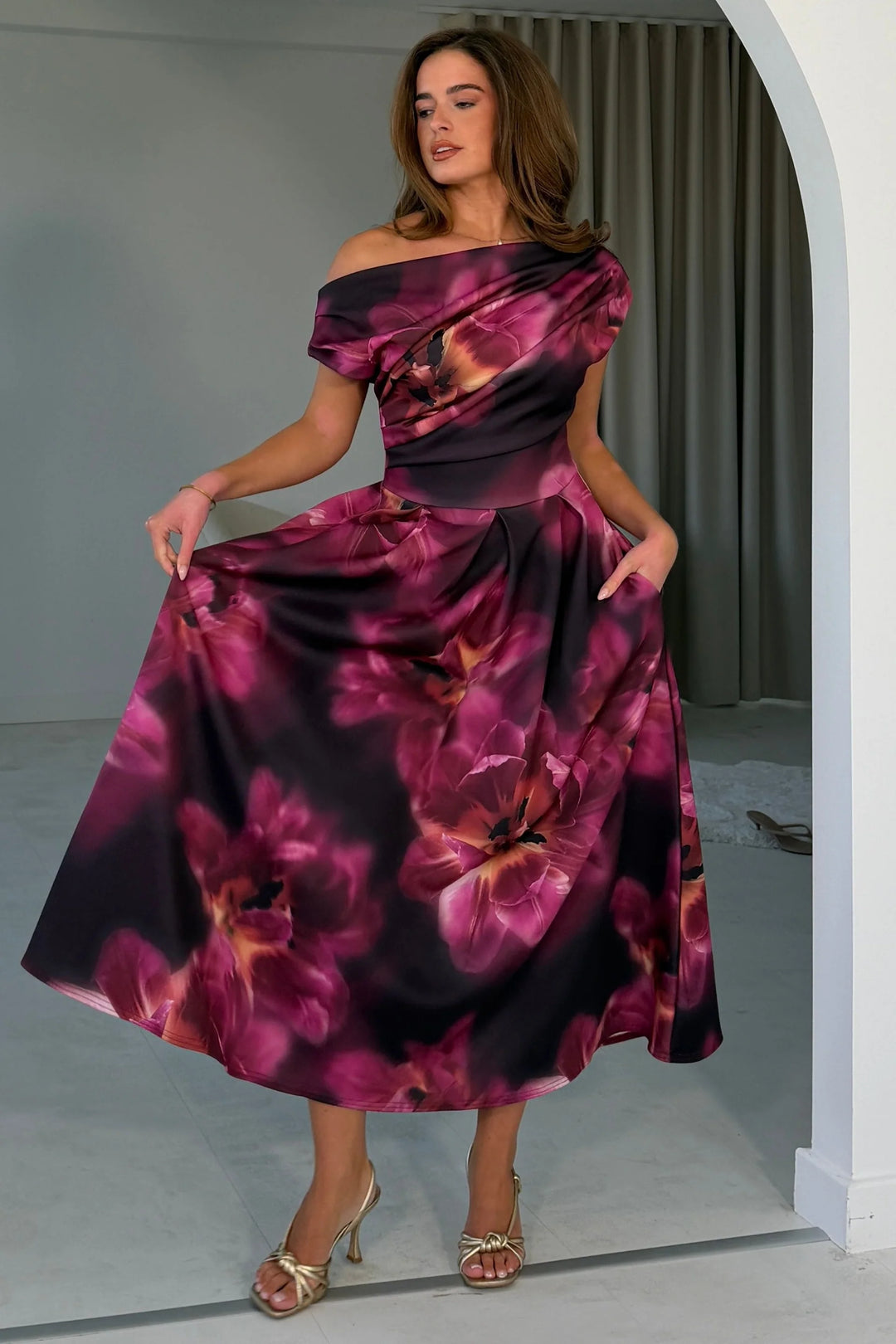 Betty Floral Midi Dress Plum