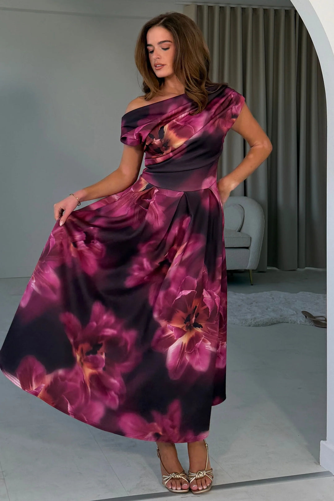 Betty Floral Midi Dress Plum