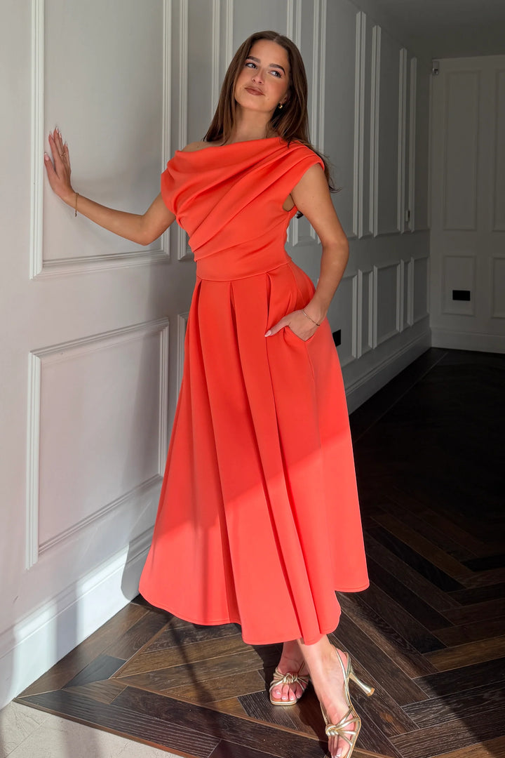 Betty Asymmetric Midi Dress Coral