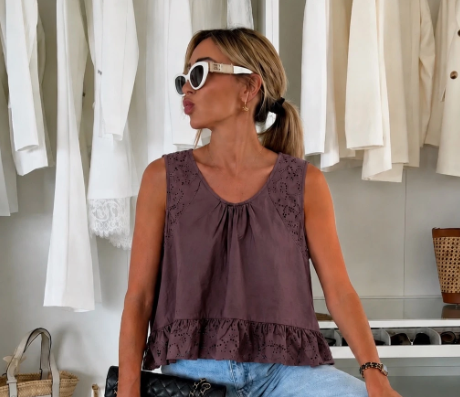 Brown Sleeveless Embroidered Top