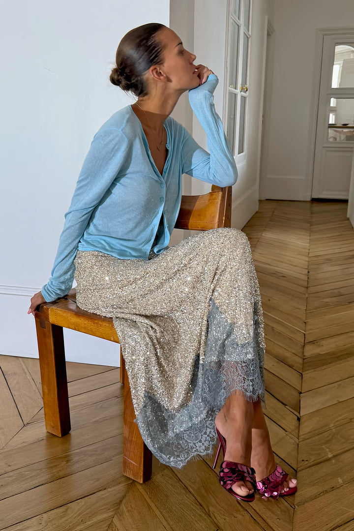 Silver Sequin Midi Skirt