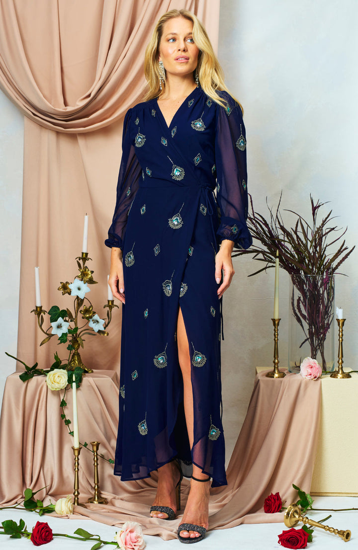 THE HARPER EMBELLISHED MAXI WRAP DRESS