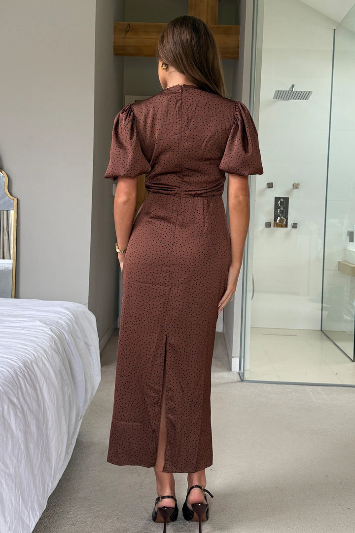 Clare V-Neck Brown Polka Dot Dress