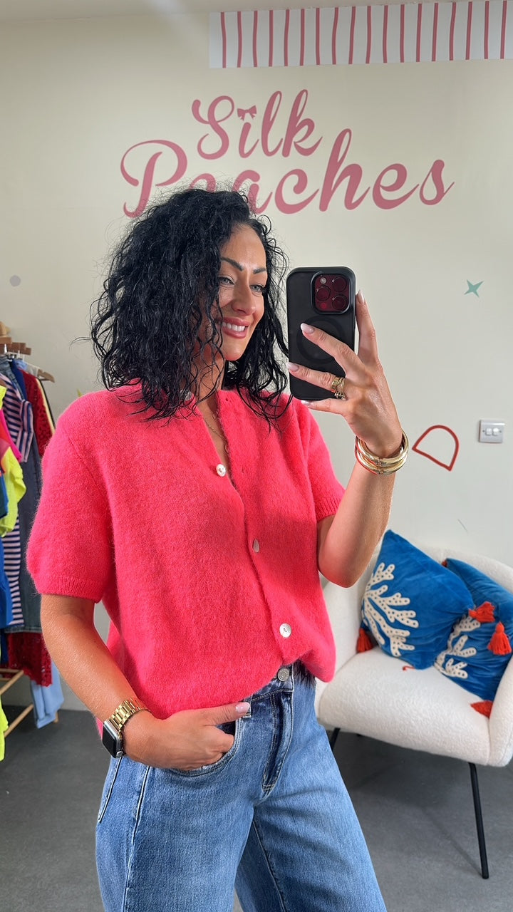Neon Coral Short Sleeve Cardigan