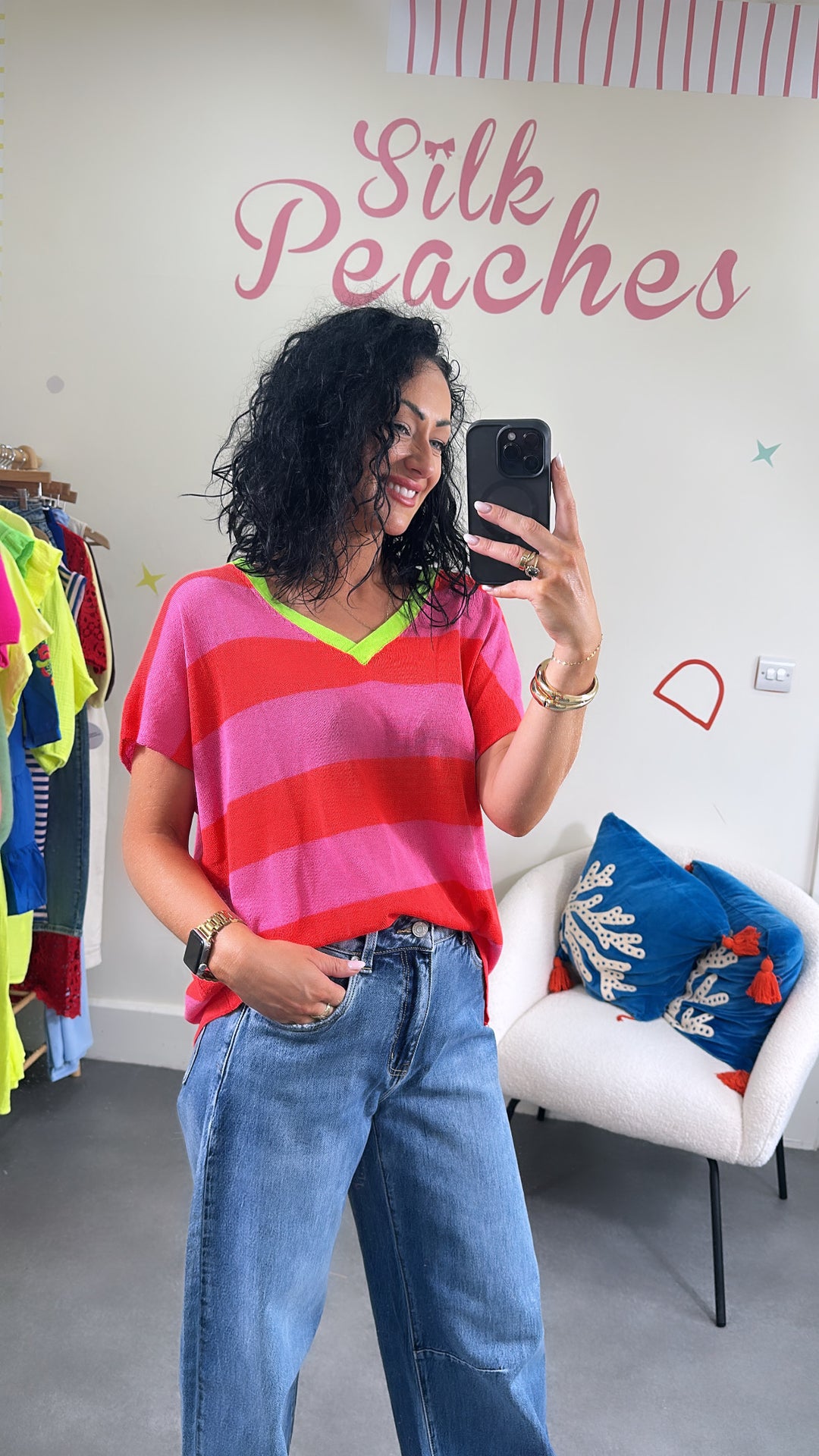 Pink &amp; Coral Stripe V-Neck