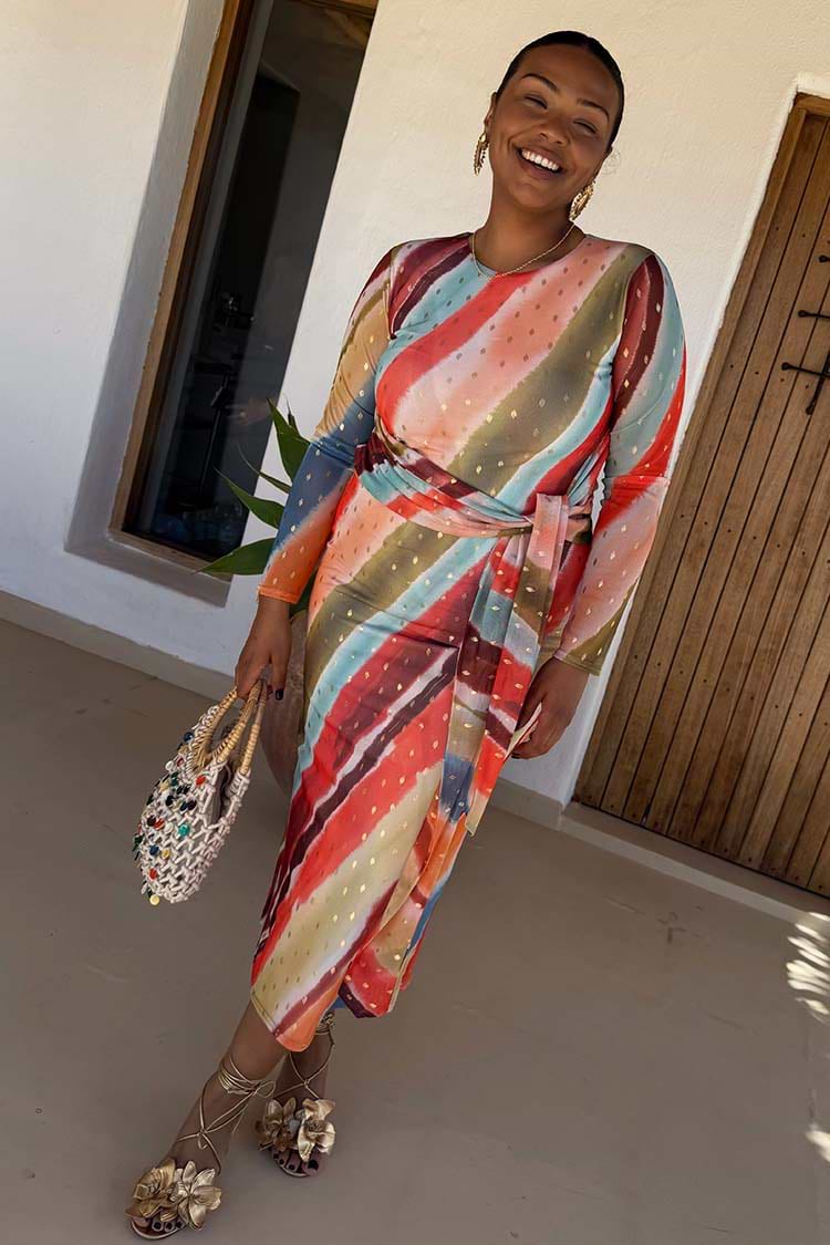 SUNSET STRIPE MESH MIDI DRESS – Silk Peaches - Main Image