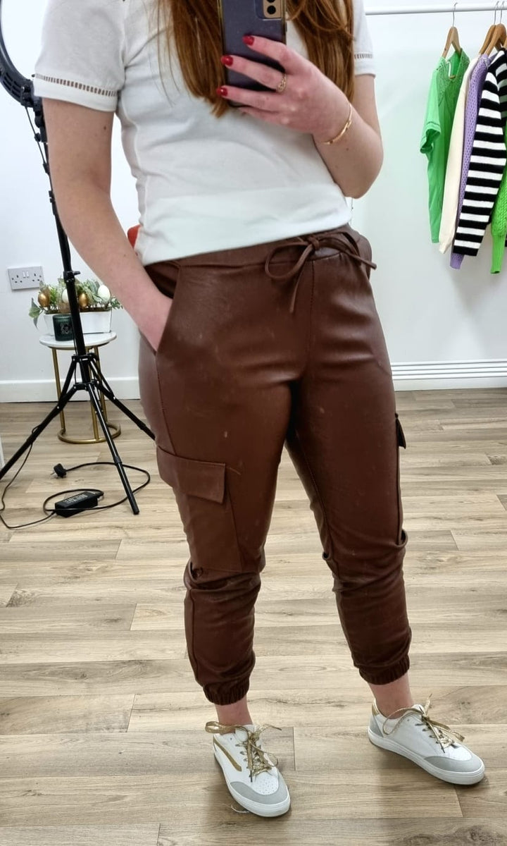 BROWN LEATHER CARGO PANTS